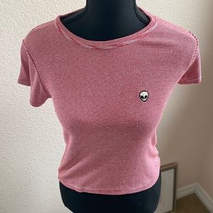 Brandy Melville Red and White Striped Top with Alien Patch